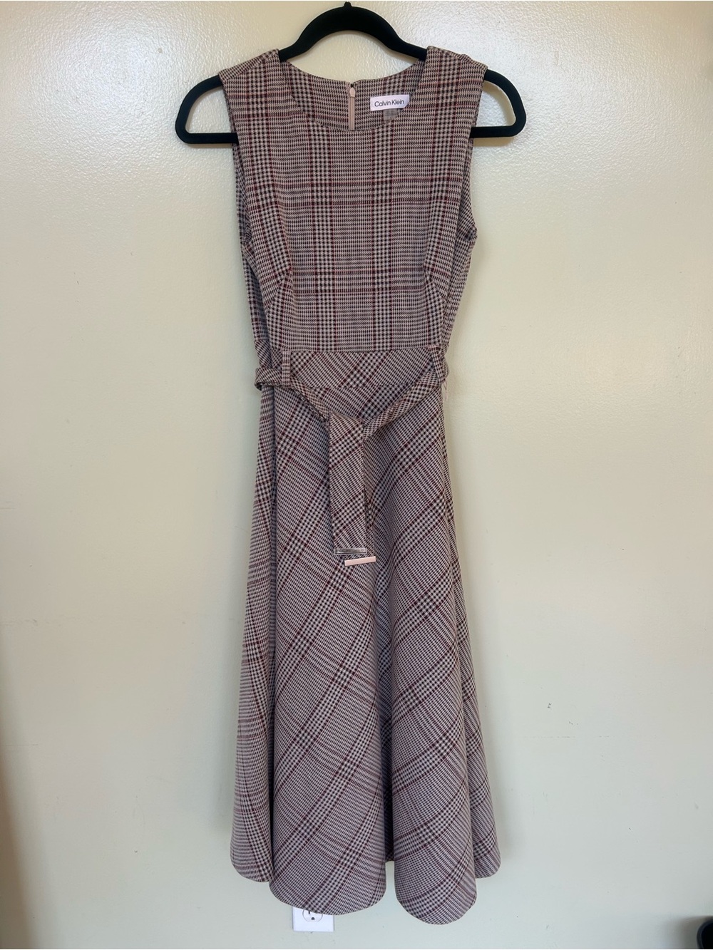 Calvin Klein plaid fit & flare belted midi dress size 4